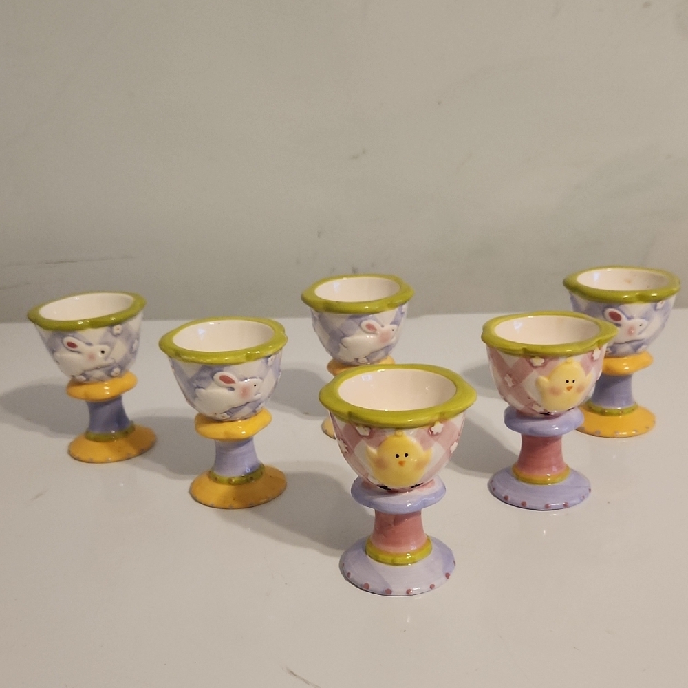 Lot of 6 Colorful Ceramic Egg Cups Set 3.25" Tall